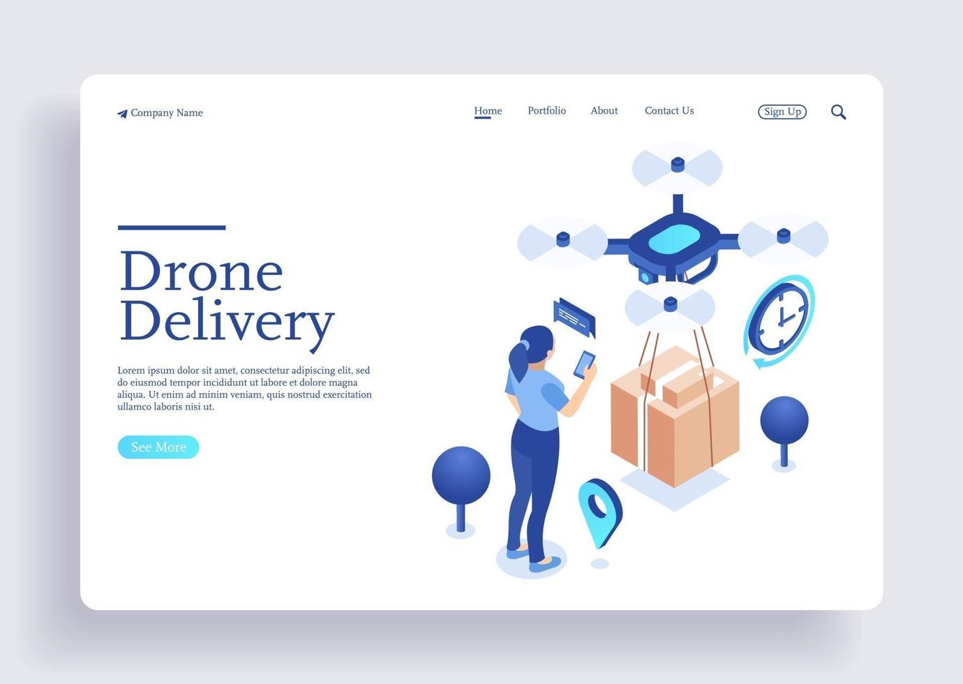 Drone delivery concept drone flying over a map and carrying a package vector