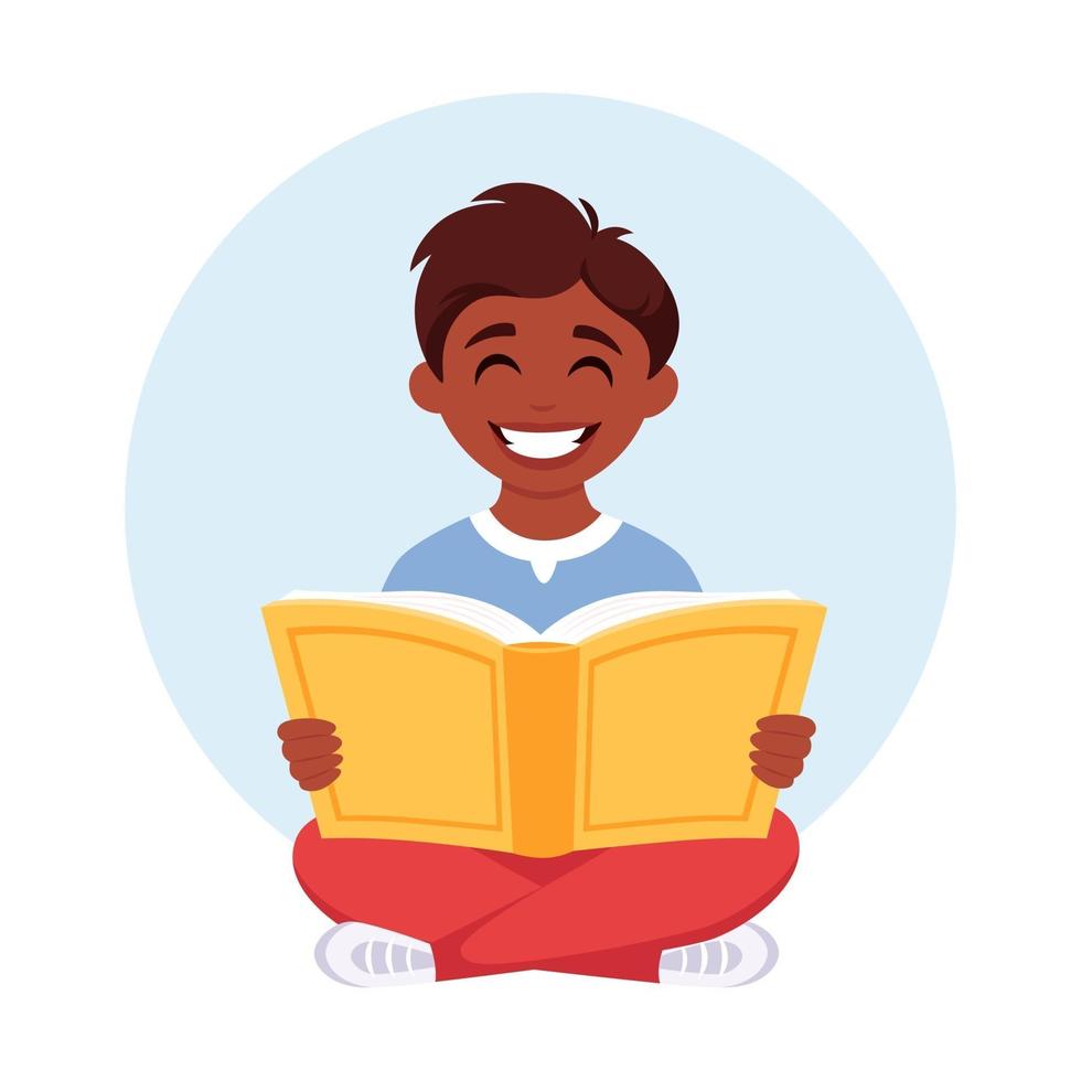 Black boy reading book. Boy studying with a book. vector