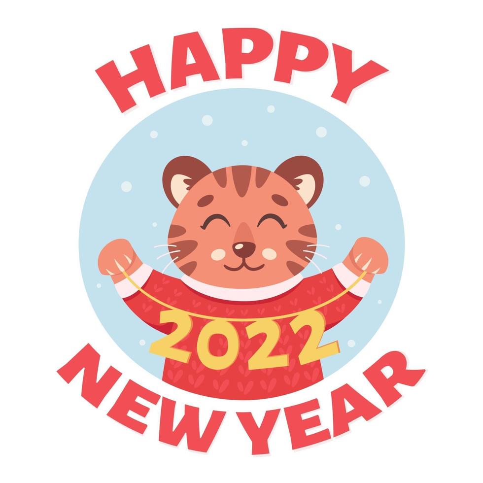 Cute tiger wishes Happy New Year 2022. Year of the tiger vector