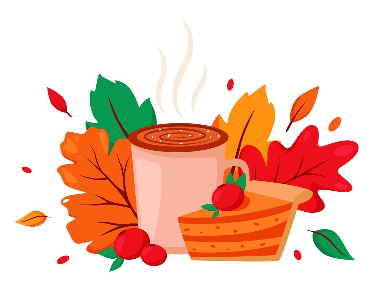 Hola otoño. taza de café con pastel sobre fondo de hojas de otoño. vector