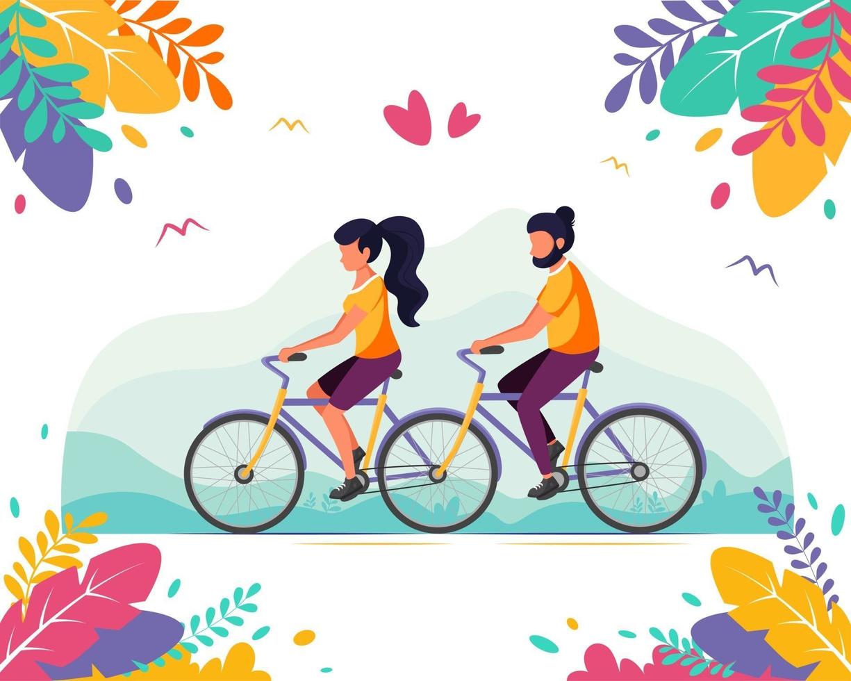 Man and woman riding tandem bicycle. Healthy lifestyle, summer time vector