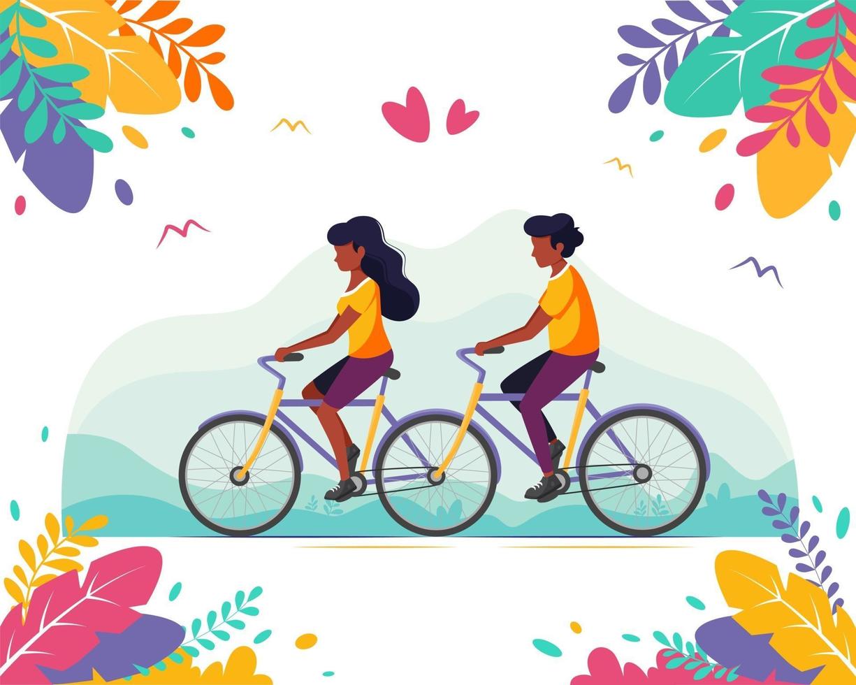 pareja negra montando bicicleta tándem. estilo de vida saludable, horario de verano vector