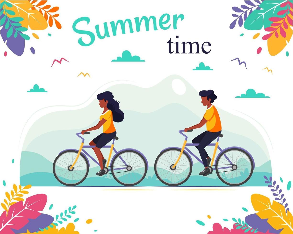 Black couple riding bicycles. Healthy lifestyle, summer time vector