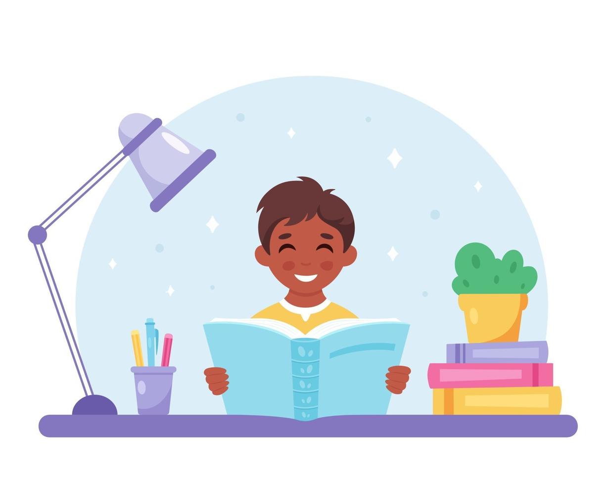 Black boy reading book. Boy studying with a book. vector