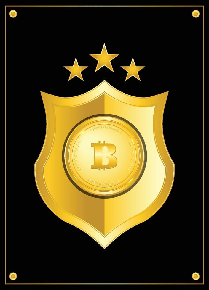 Insignia de moneda criptográfica bitcoin con escudo dorado y estrellas vector