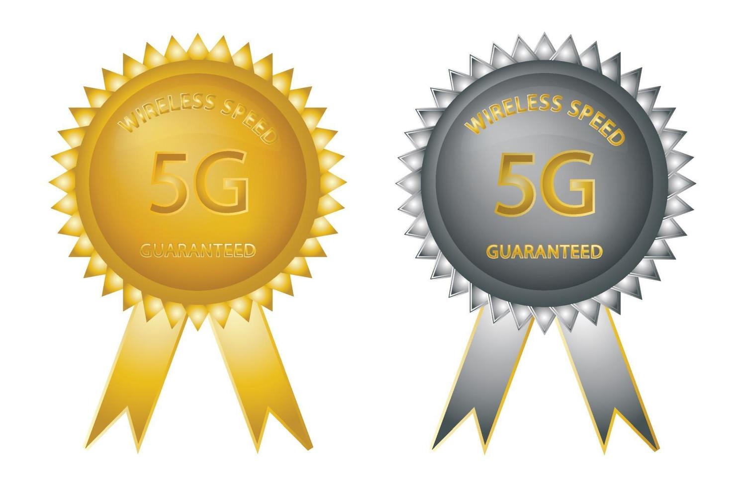 5G wireless speed guaranteed gold and silver badge vector