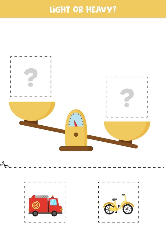 Light, heavy or equal. Cut pictures below and glue to the right box. vector