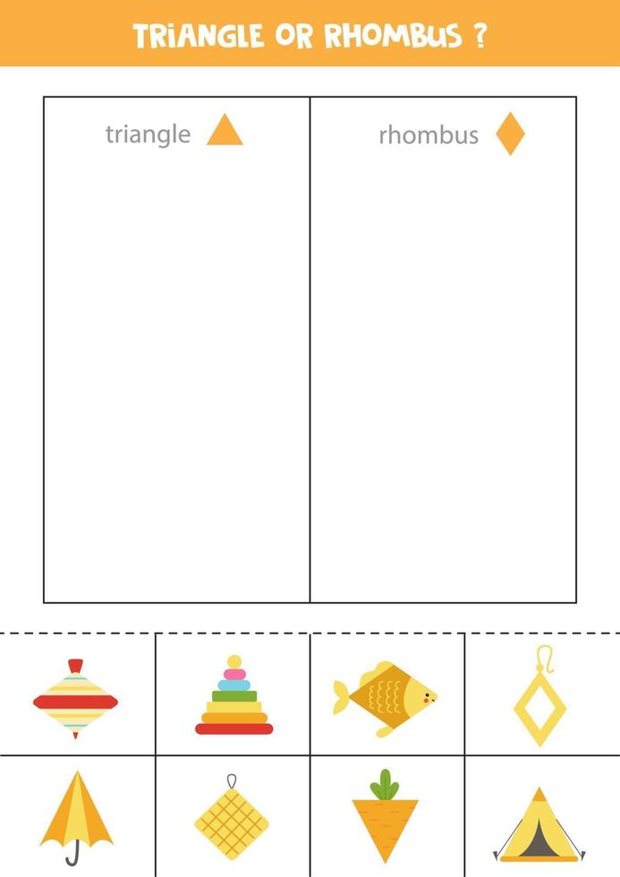Triangle or rhombus. Sort by shape. Educational game vector