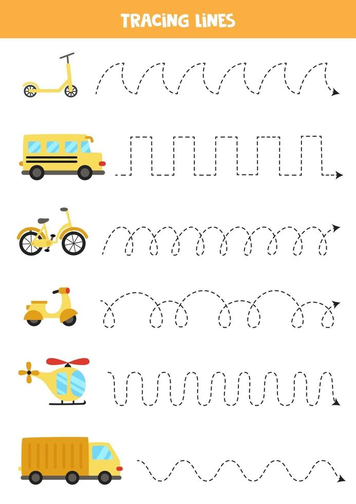 Tracing lines with cute transport. Writing practice. vector