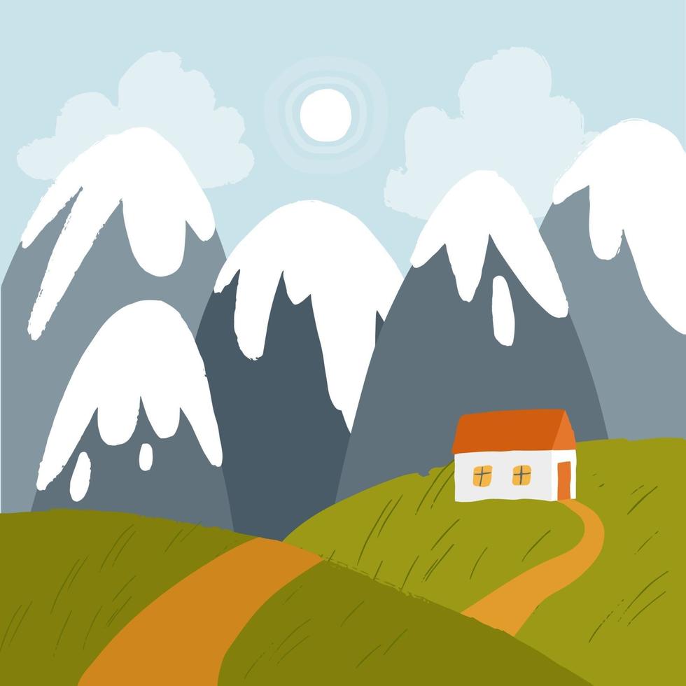 Landscape with snowy mountains, sun and white house on a green hills. vector