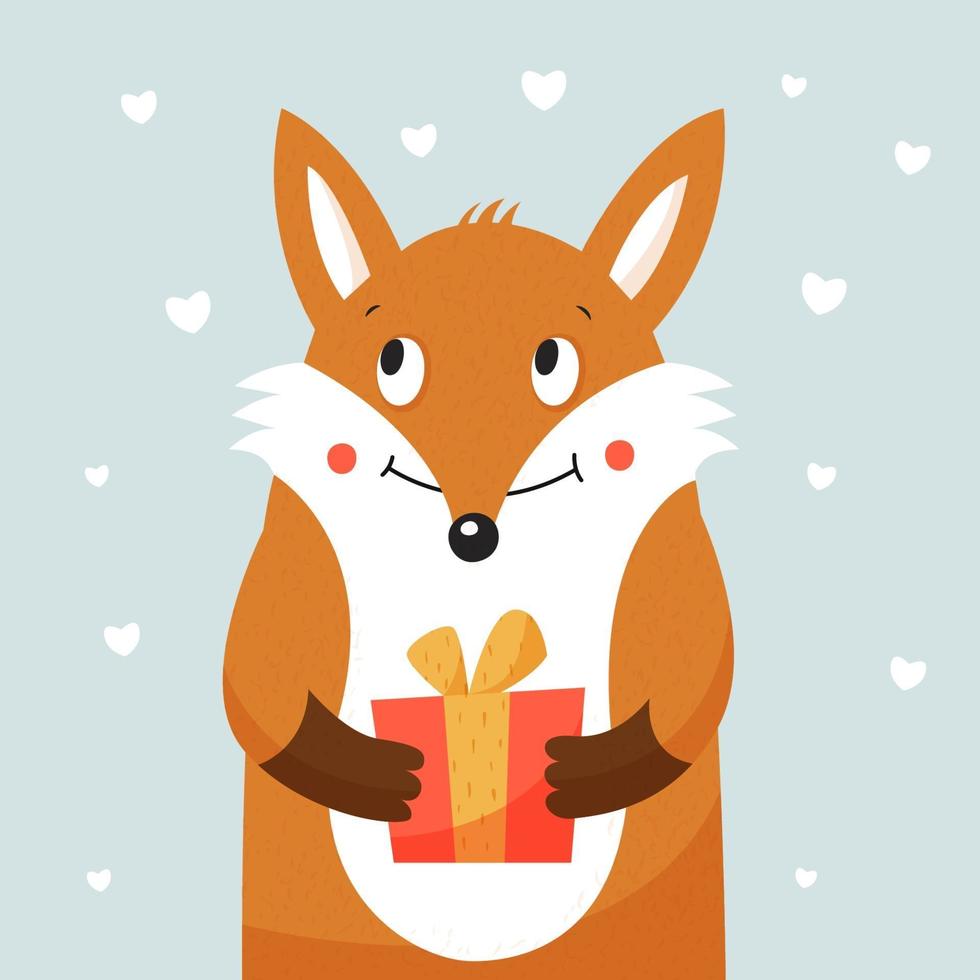 lindo zorro rojo sosteniendo un regalo. fiesta de cumpleaños. vector