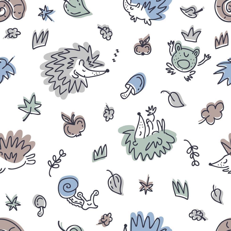 Free hand drawing seamless pattern with hedgehogs and autumn elements vector