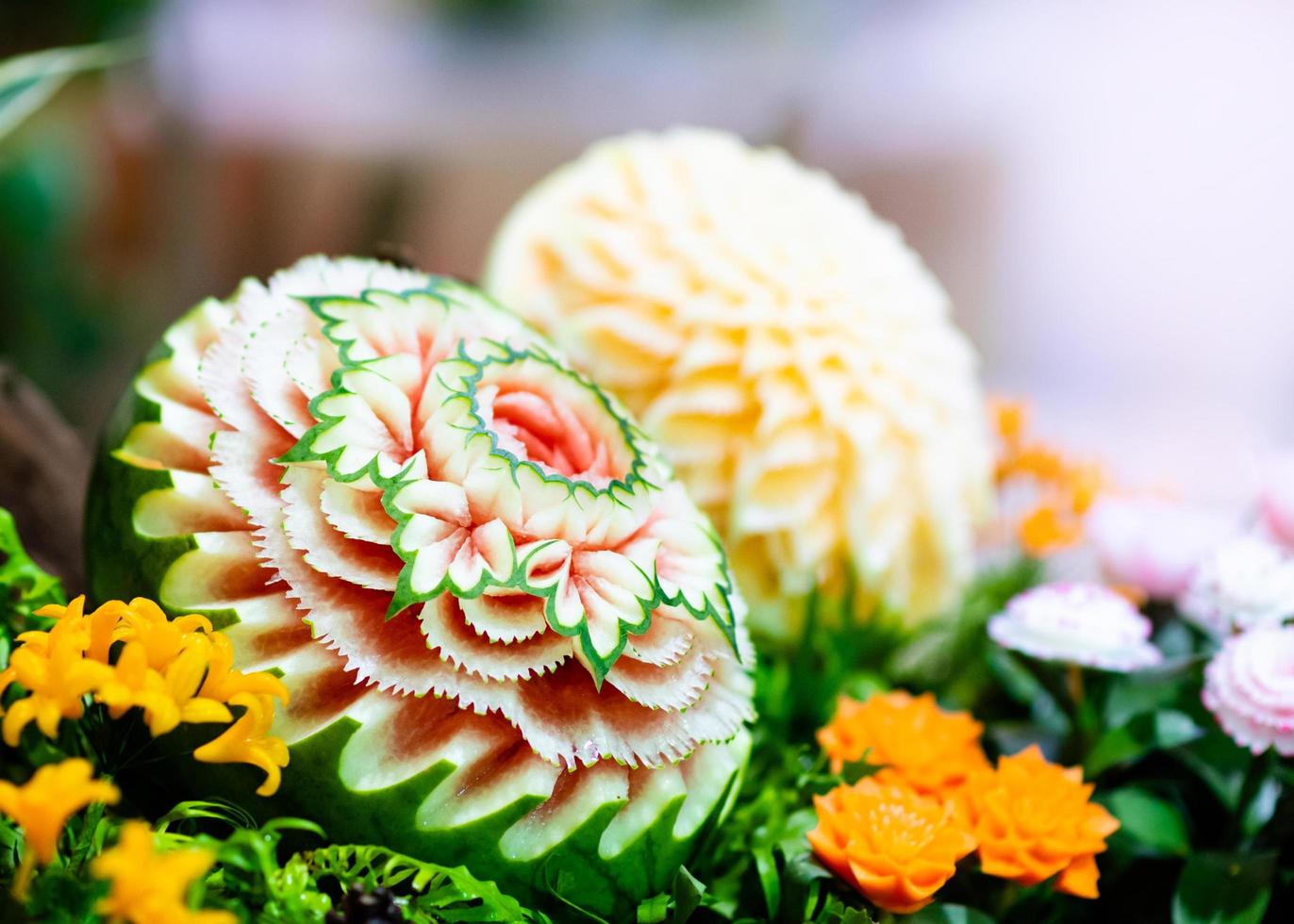 Fruit and vegetable carvings, Display thai fruit carving decoration photo