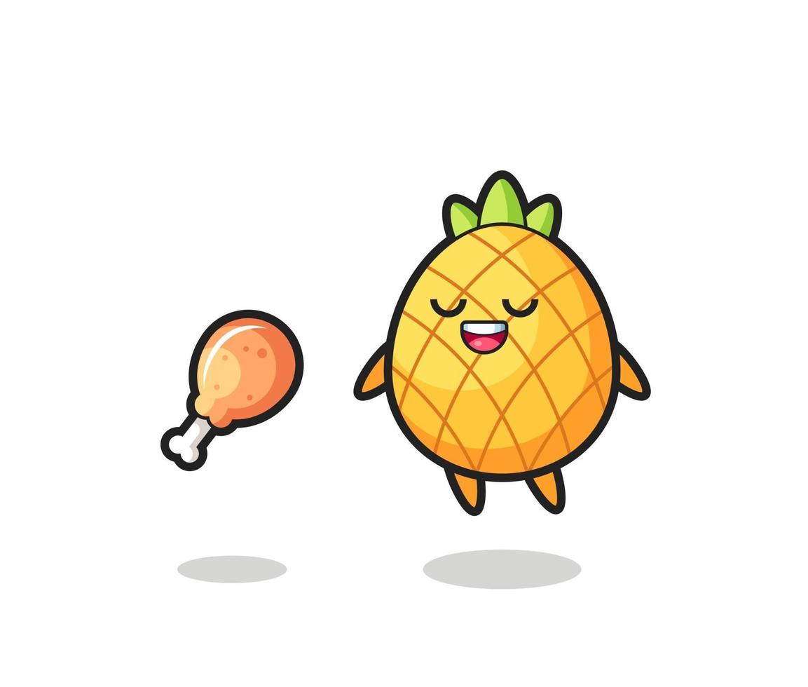 cute pineapple floating and tempted because of fried chicken vector