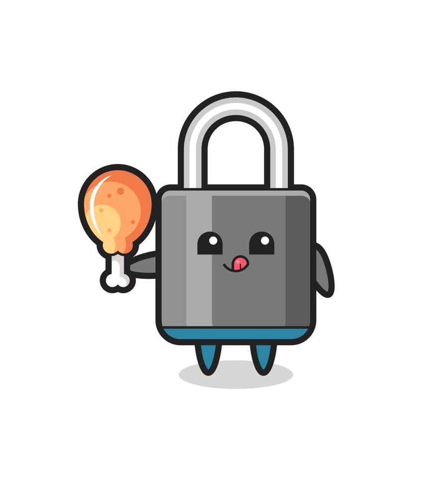 padlock cute mascot is eating a fried chicken vector