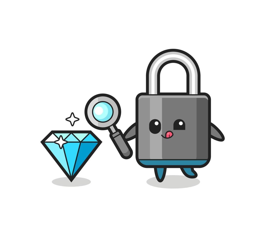 padlock mascot is checking the authenticity of a diamond vector