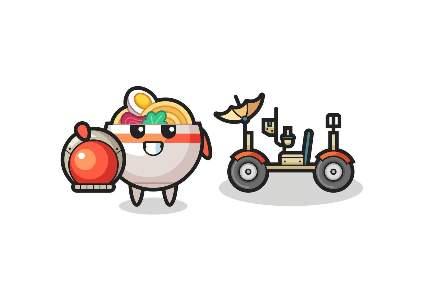 the cute noodle bowl as astronaut with a lunar rover vector