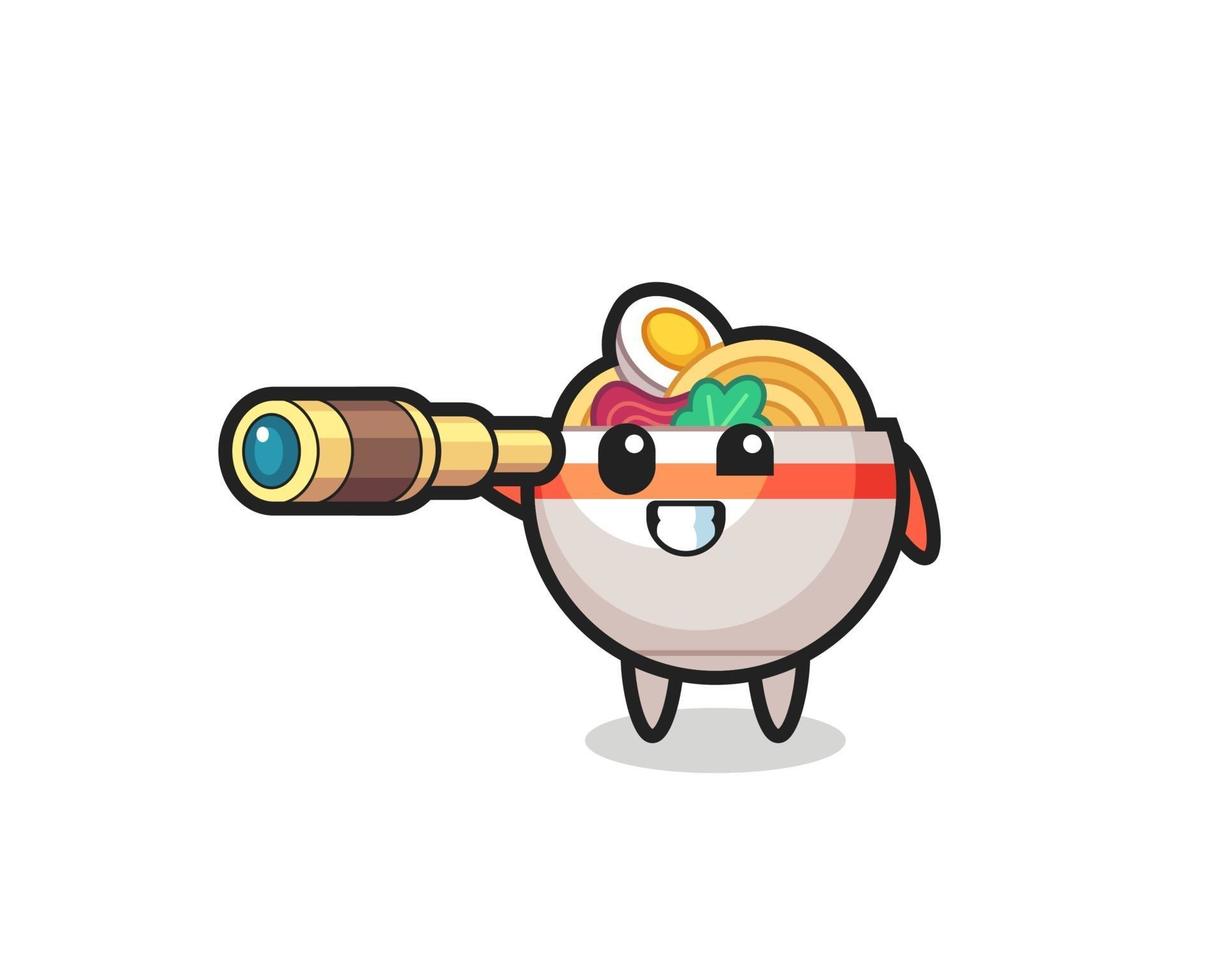 cute noodle bowl character is holding an old telescope vector