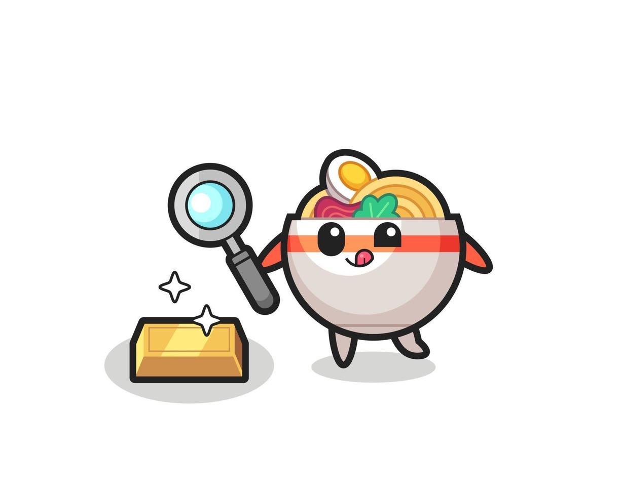 noodle bowl character is checking the authenticity of the gold bullion vector