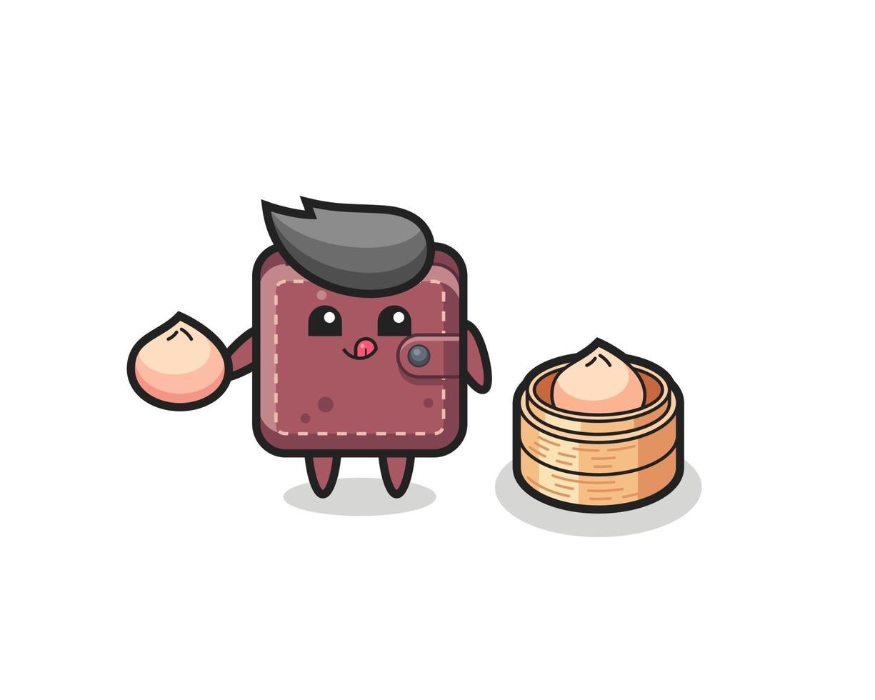cute leather wallet character eating steamed buns vector