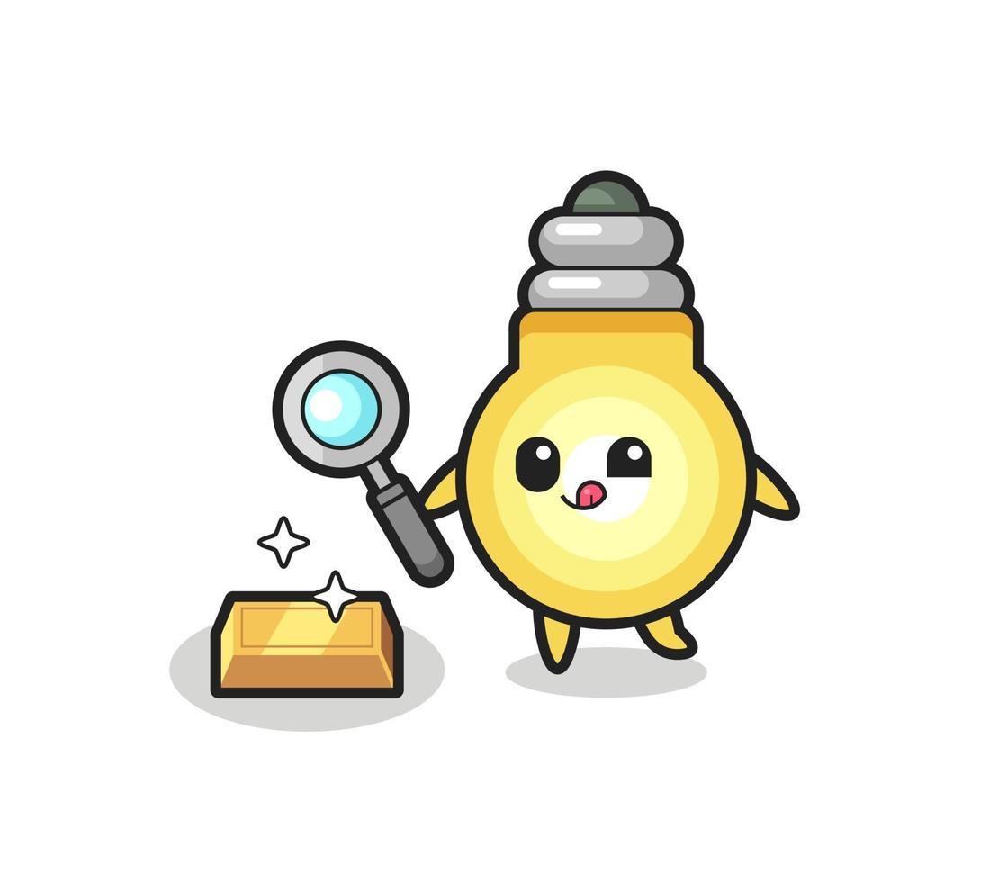 light bulb character is checking the authenticity of the gold bullion vector