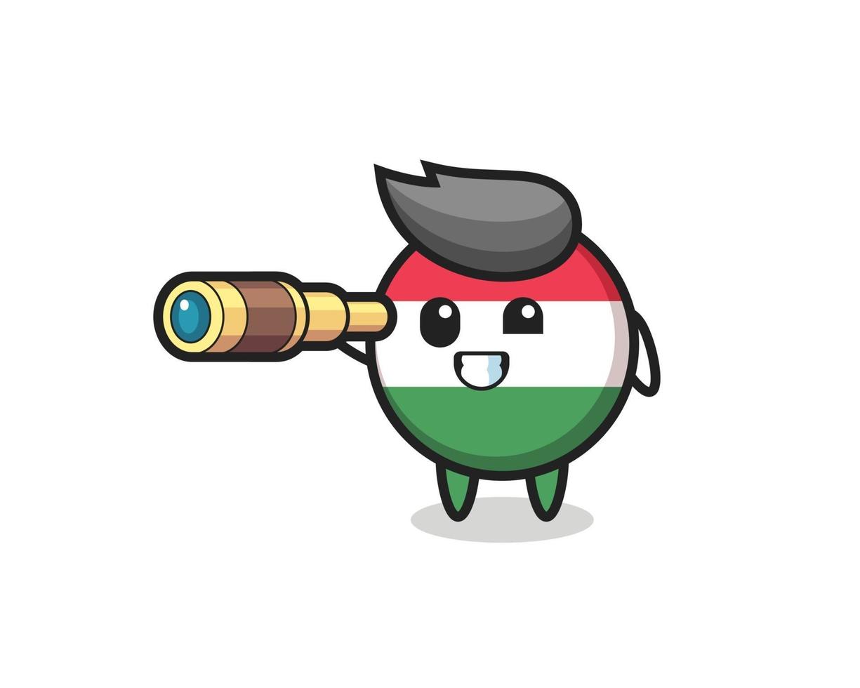 cute hungary flag badge character is holding an old telescope vector