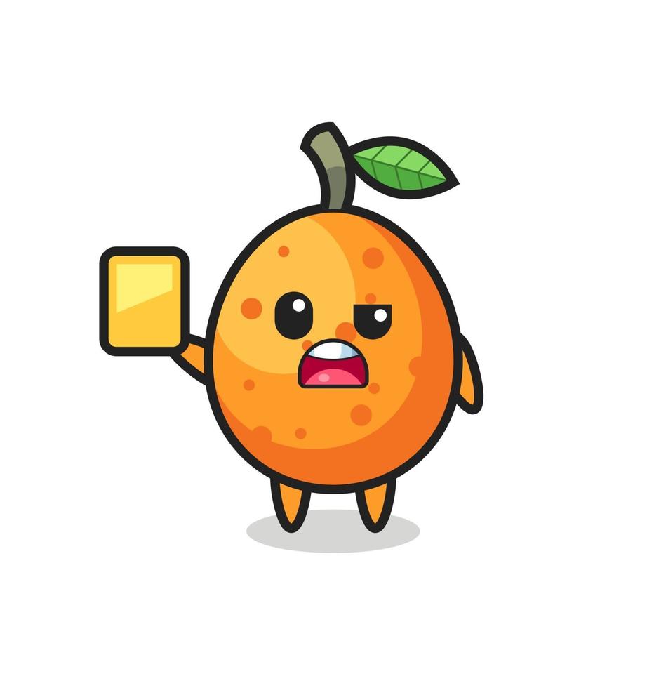 personaje de dibujos animados kumquat como árbitro de fútbol dando una tarjeta amarilla vector