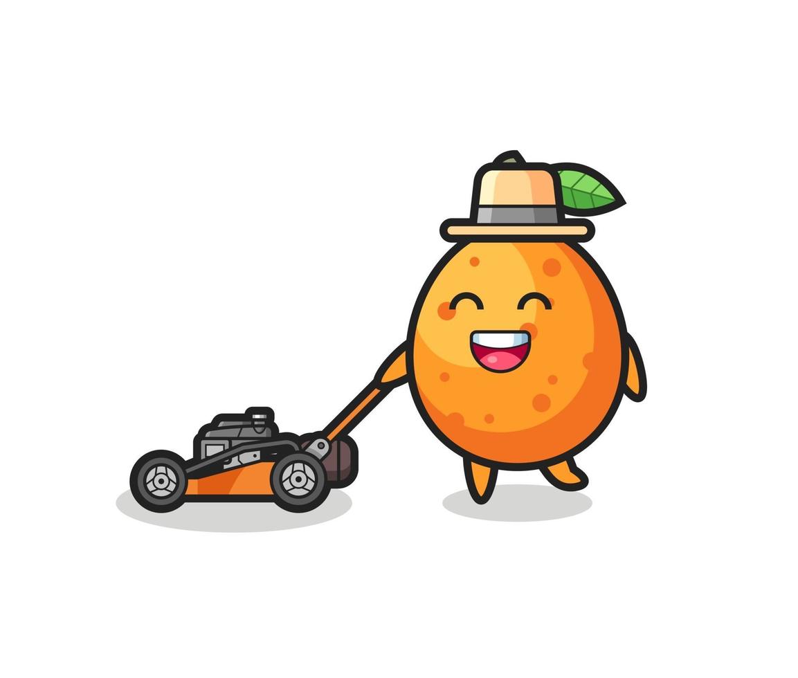 illustration of the kumquat character using lawn mower vector