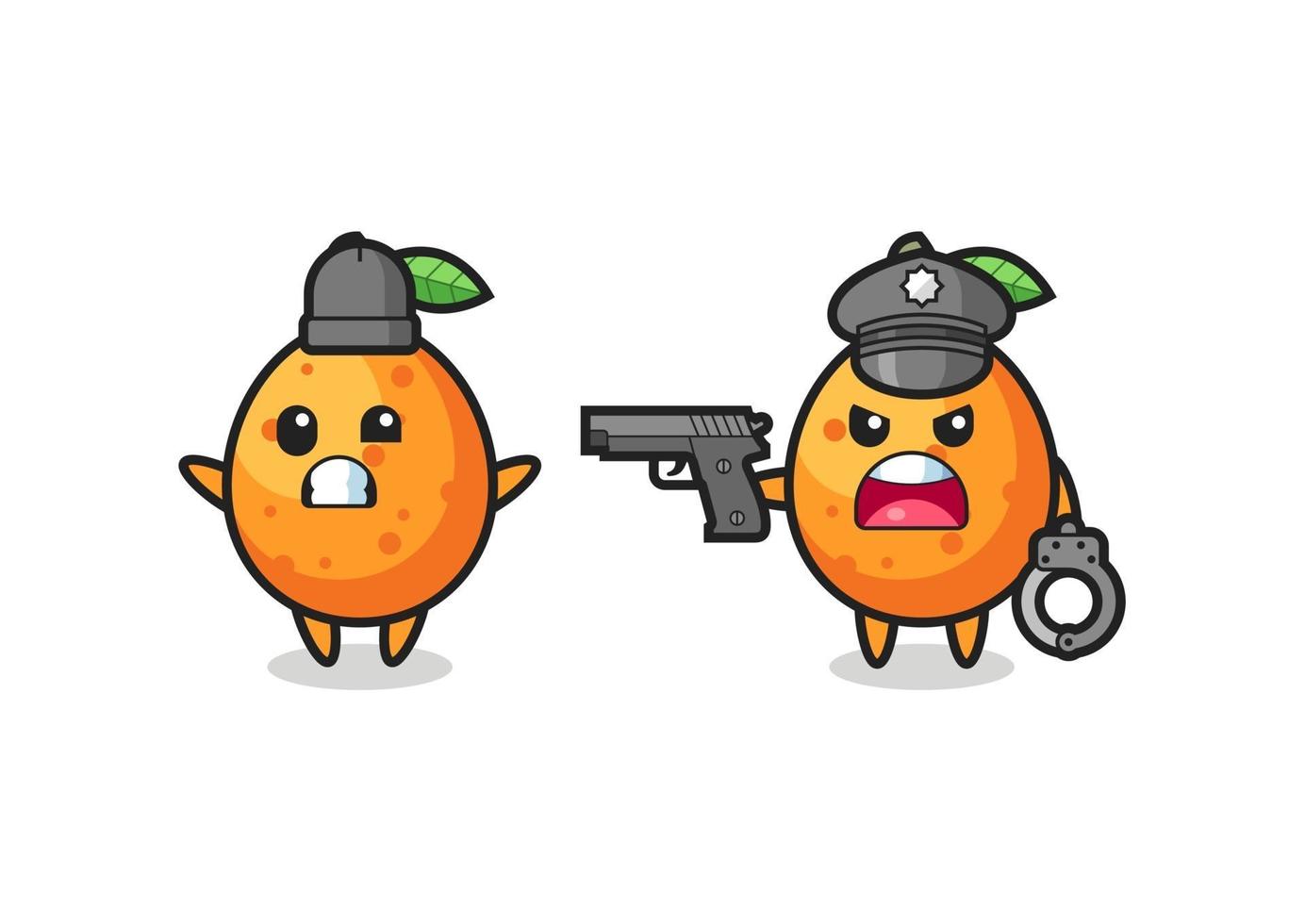 illustration of kumquat robber with hands up pose caught by police vector