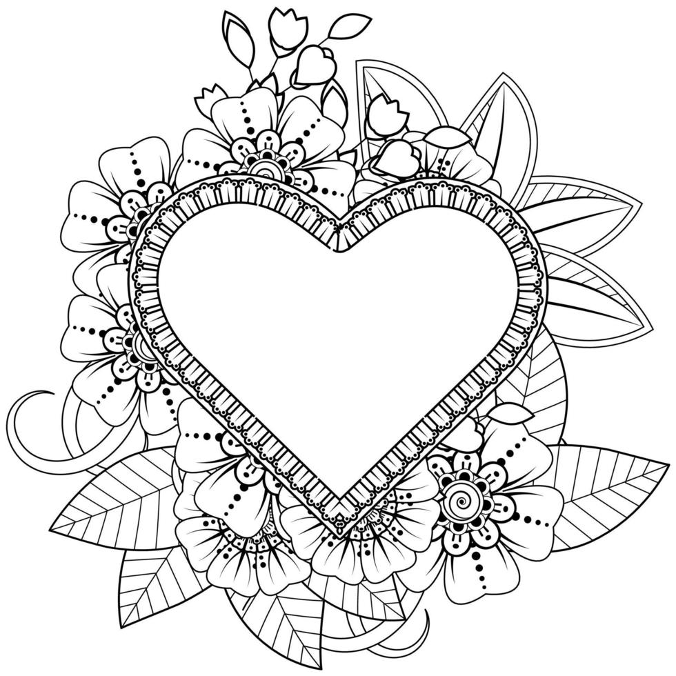 mehndi flower with frame in shape of heart. vector