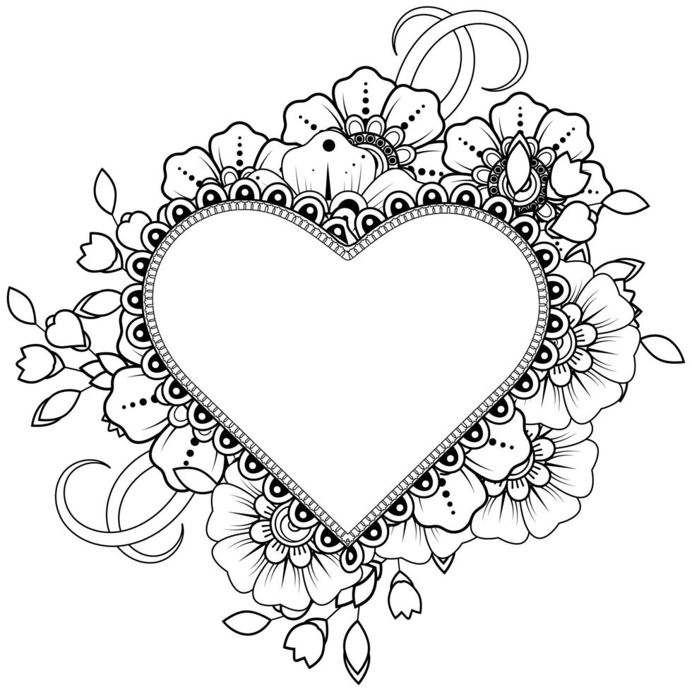 mehndi flower with frame in shape of heart. vector