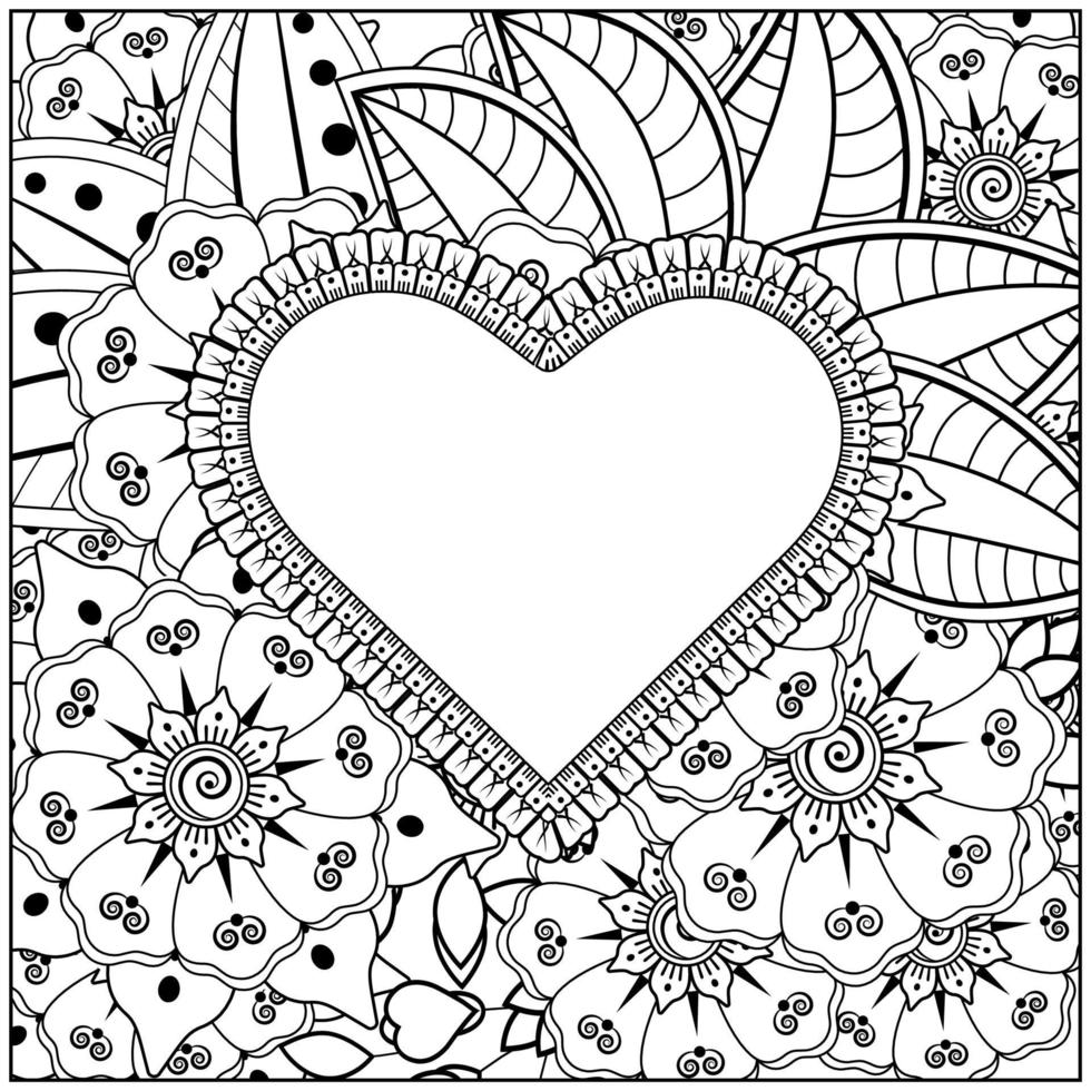 mehndi flower with frame in shape of heart. vector