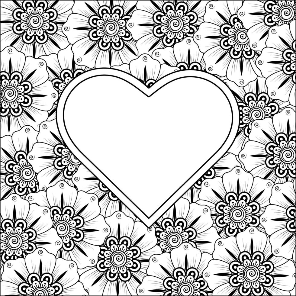 flor mehndi con marco en forma de corazón. vector