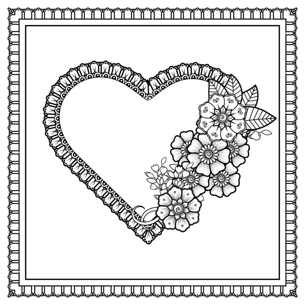 flor mehndi con marco en forma de corazón. vector