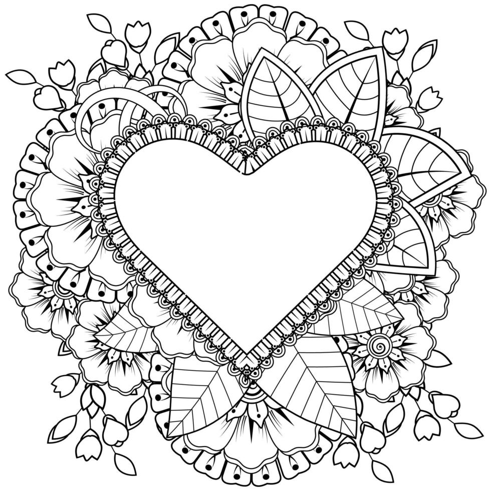 flor mehndi con marco en forma de corazón. vector