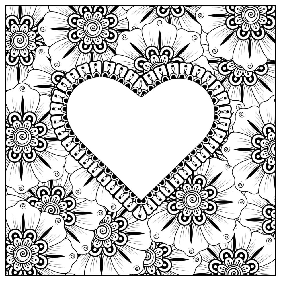 flor mehndi con marco en forma de corazón. vector