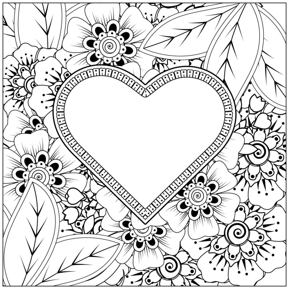 mehndi flower with frame in shape of heart. vector