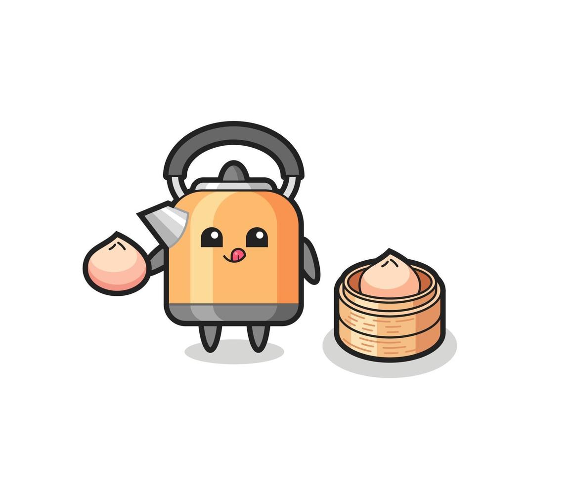 cute kettle character eating steamed buns vector