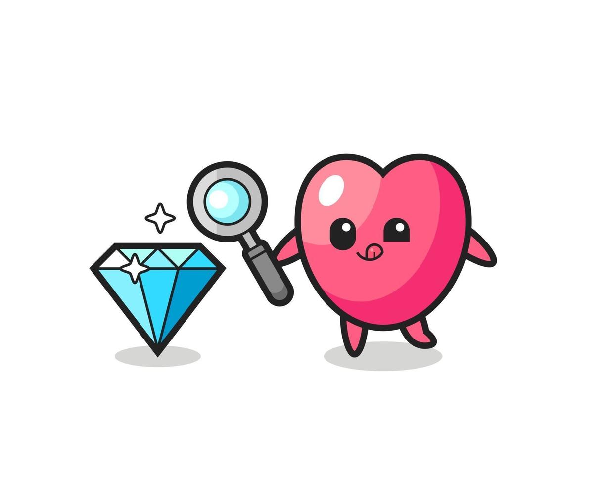 heart symbol mascot is checking the authenticity of a diamond vector