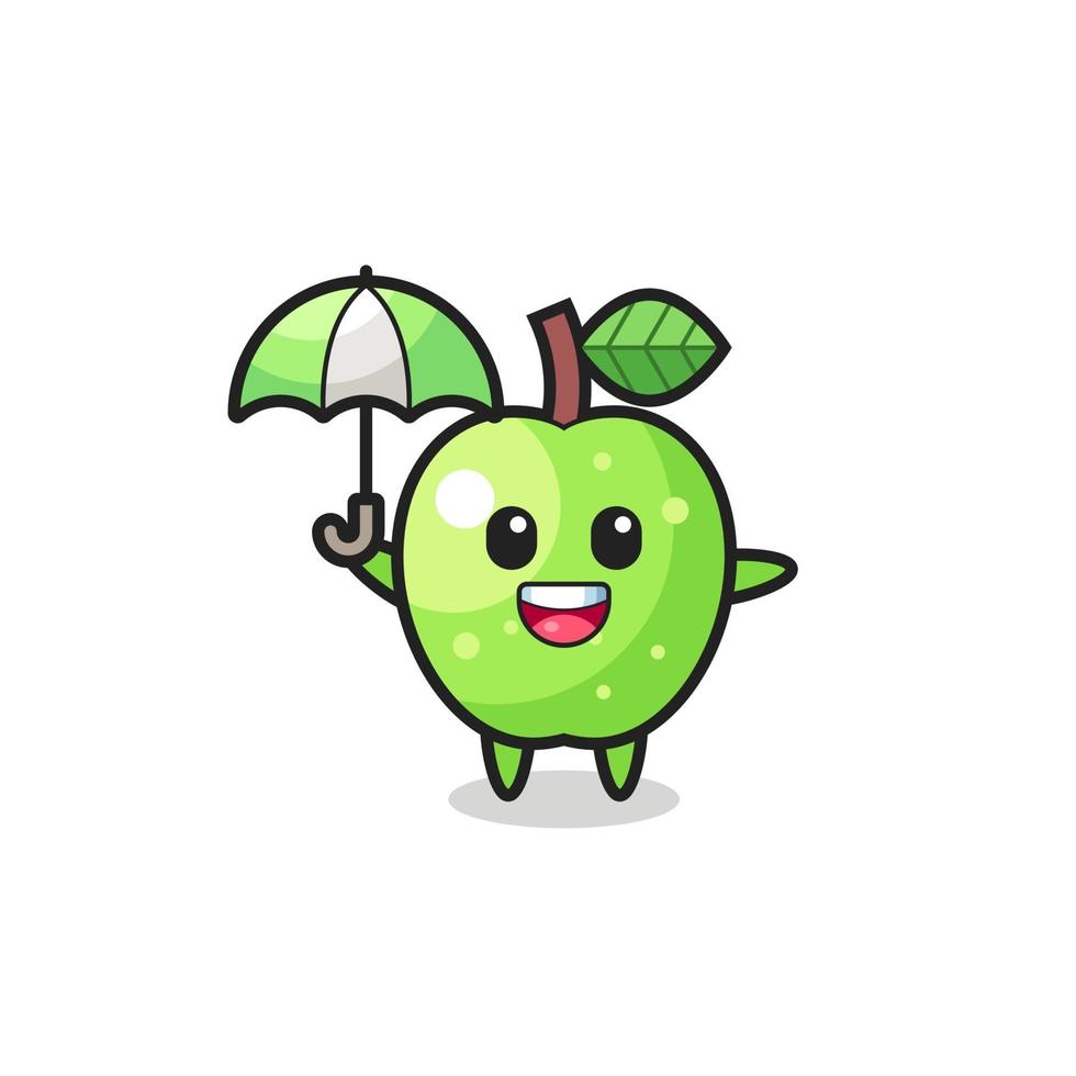 cute green apple illustration holding an umbrella vector