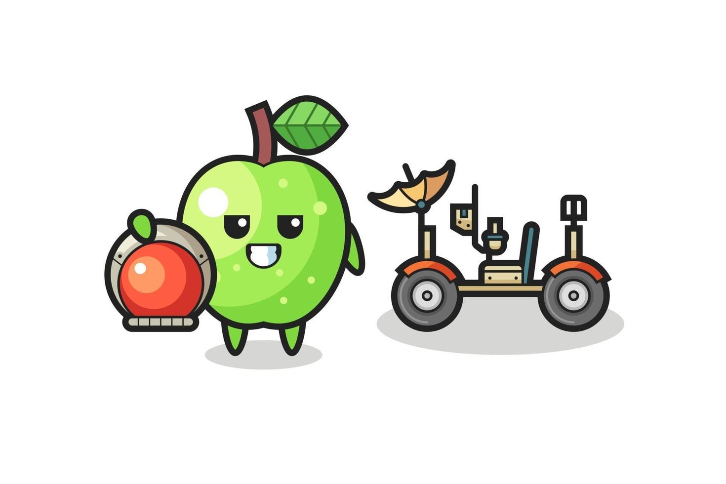 the cute green apple as astronaut with a lunar rover vector