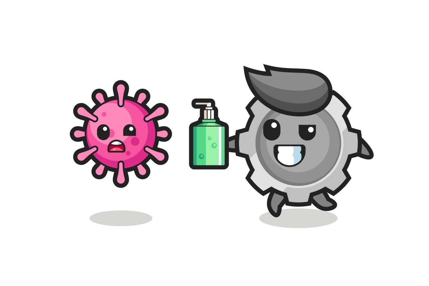 Ilustración de personaje de engranaje persiguiendo virus maligno con desinfectante de manos vector