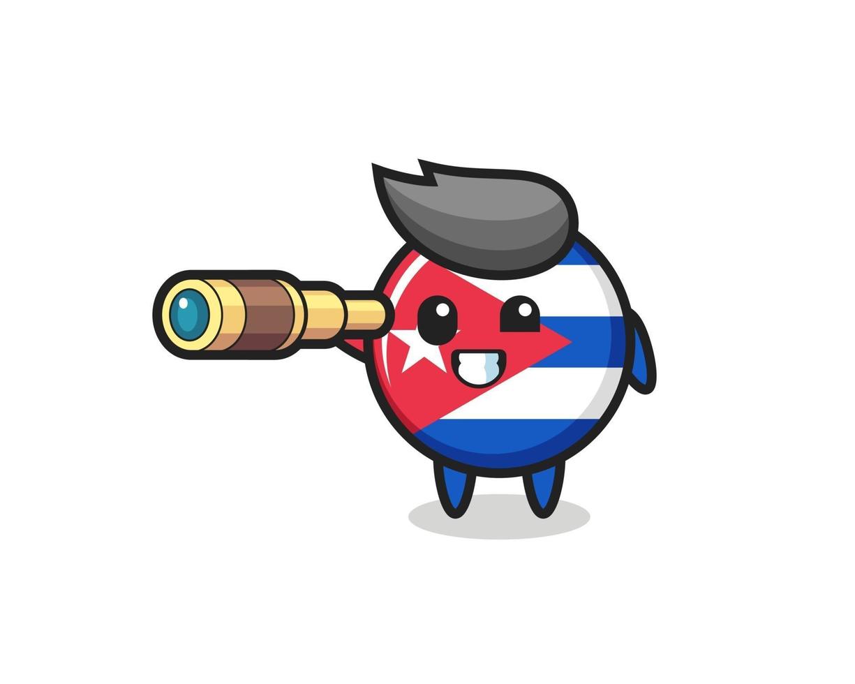 cute cuba flag badge character is holding an old telescope vector