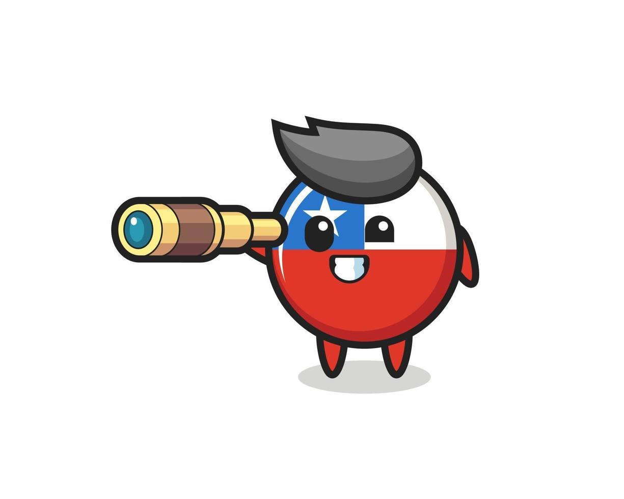 cute chile flag badge character is holding an old telescope vector