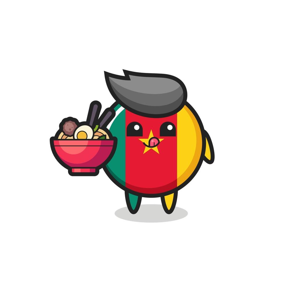 lindo personaje de insignia de la bandera de camerún comiendo fideos vector