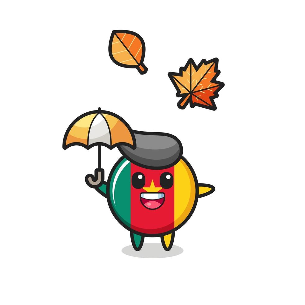 cartoon of the cute cameroon flag badge holding an umbrella in autumn vector