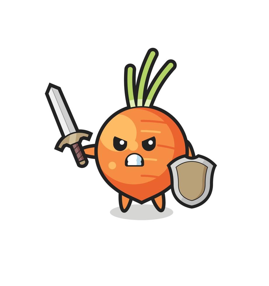 cute carrot soldier fighting with sword and shield vector