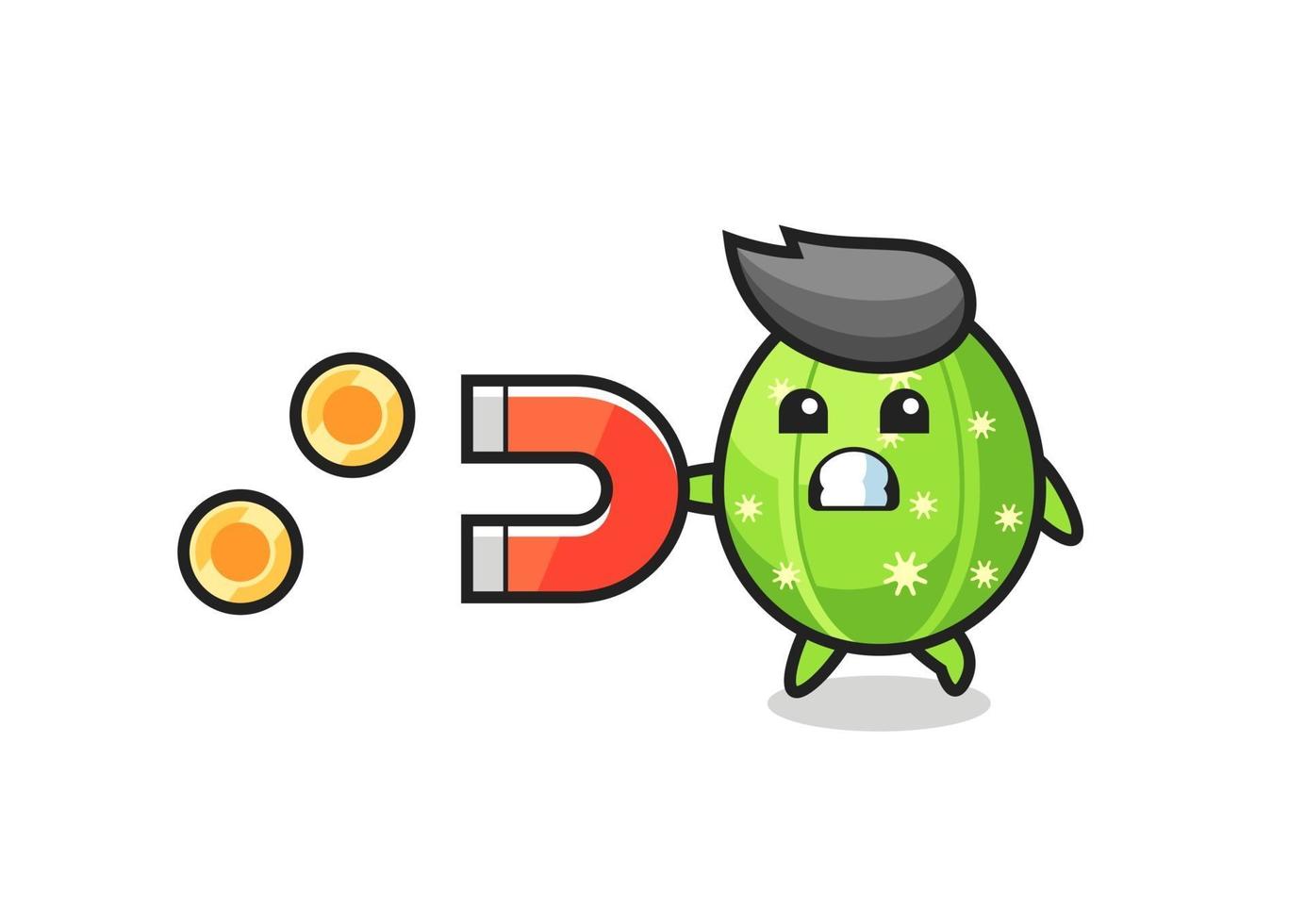 the character of cactus holding a magnet to catch the gold coins vector