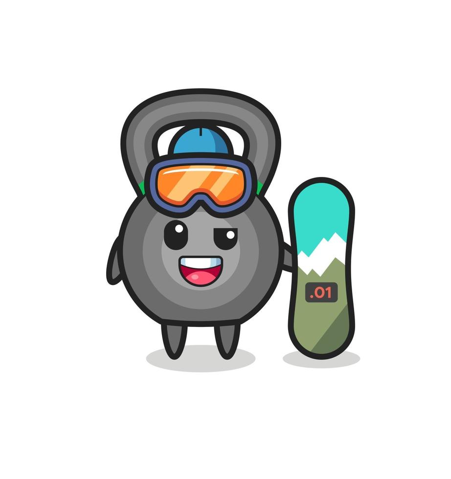 Ilustración del personaje de kettleball con tabla de snowboard vector