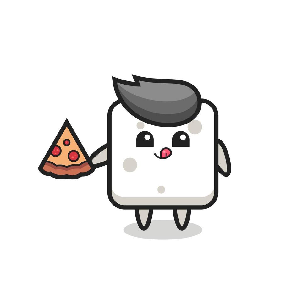 cute sugar cube cartoon eating pizza vector